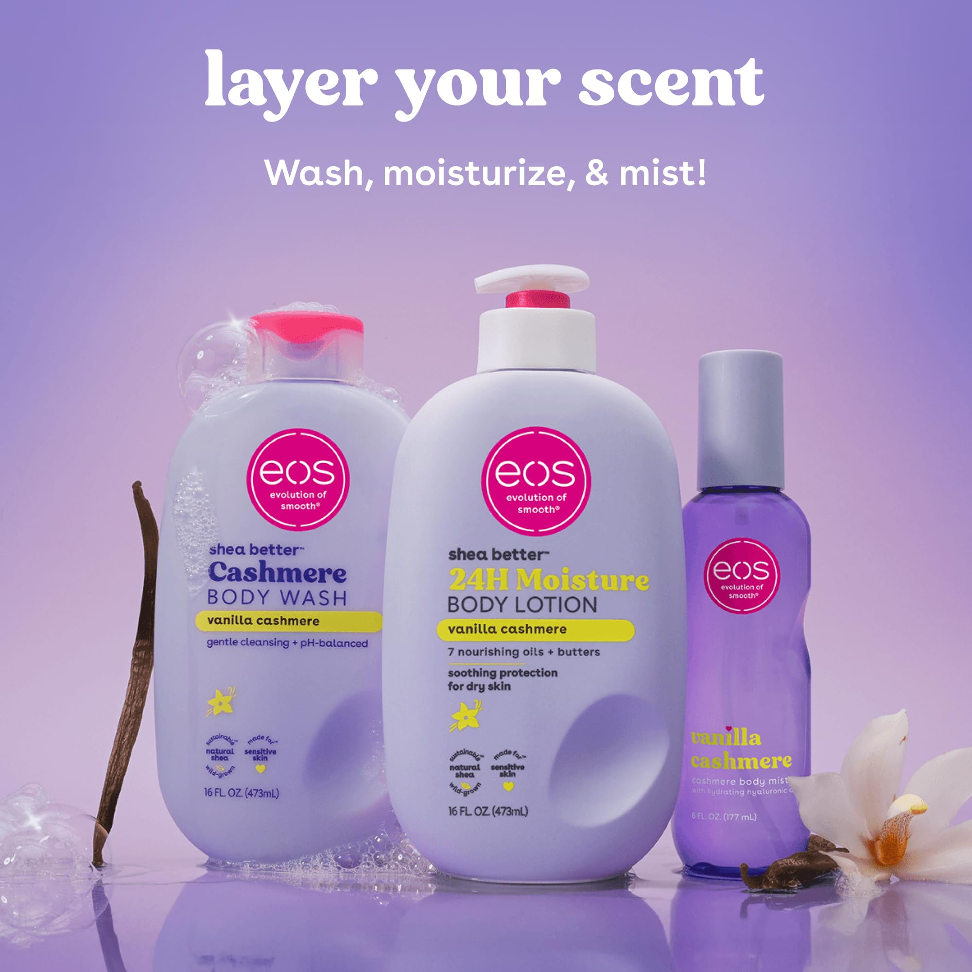eos Shea Better Body Lotion Vanilla Cashmere, 24-Hour Moisture Skin Care, Lightweight & Non-Greasy, Natural Shea, Vegan, Vanilla Body Lotion, 16 fl oz