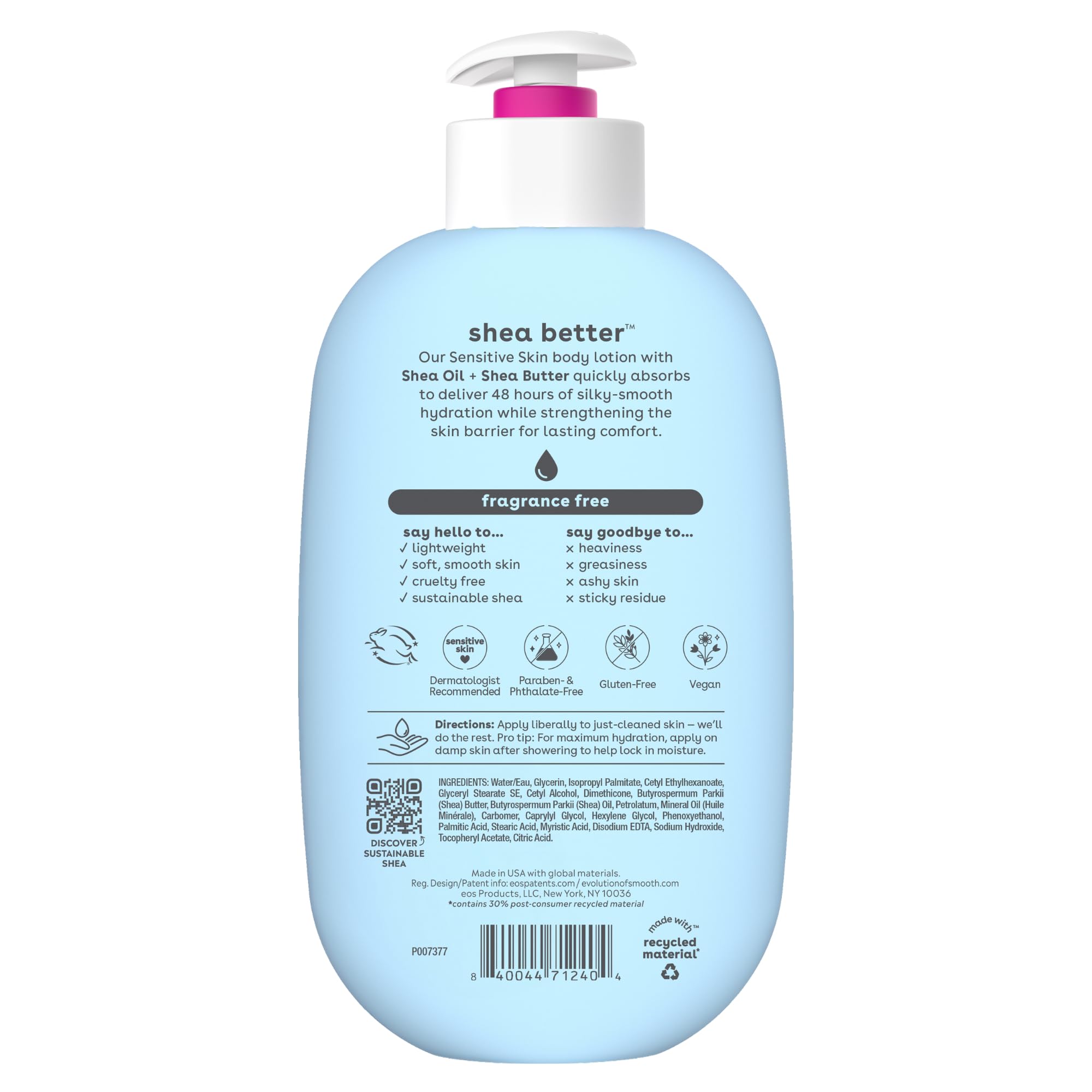 eos Shea Better Body Lotion Vanilla Cashmere, 24-Hour Moisture Skin Care, Lightweight & Non-Greasy, Natural Shea, Vegan, Vanilla Body Lotion, 16 fl oz