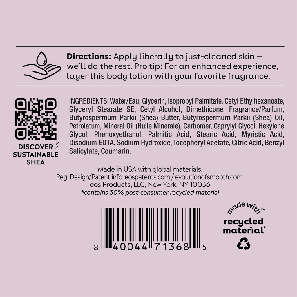 eos Shea Better Body Lotion Vanilla Cashmere, 24-Hour Moisture Skin Care, Lightweight & Non-Greasy, Natural Shea, Vegan, Vanilla Body Lotion, 16 fl oz