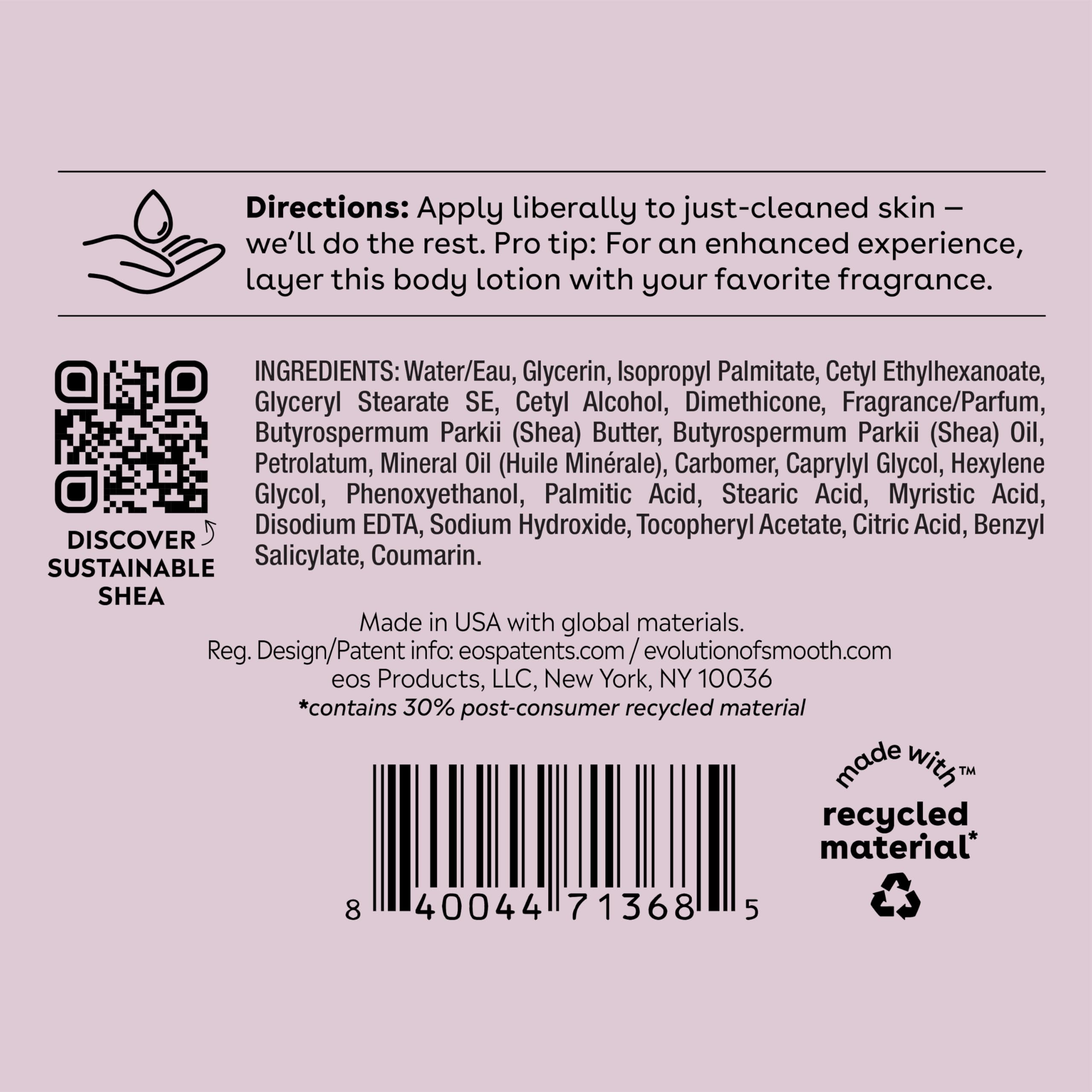 eos Shea Better Body Lotion Vanilla Cashmere, 24-Hour Moisture Skin Care, Lightweight & Non-Greasy, Natural Shea, Vegan, Vanilla Body Lotion, 16 fl oz