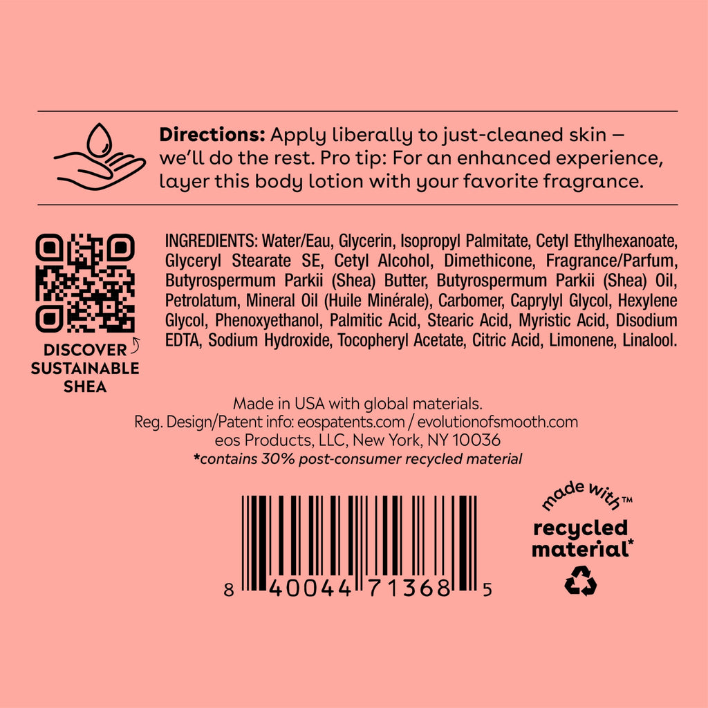 eos Shea Better Body Lotion Vanilla Cashmere, 24-Hour Moisture Skin Care, Lightweight & Non-Greasy, Natural Shea, Vegan, Vanilla Body Lotion, 16 fl oz