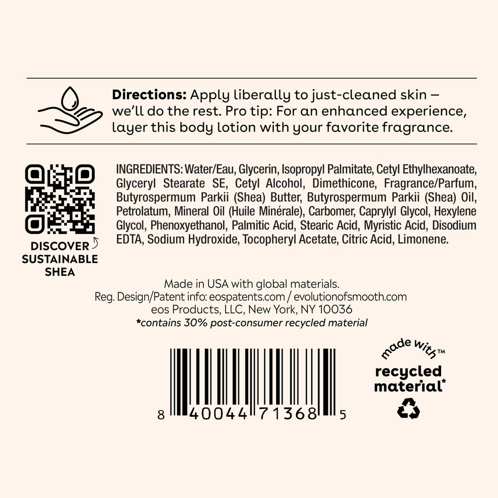 eos Shea Better Body Lotion Vanilla Cashmere, 24-Hour Moisture Skin Care, Lightweight & Non-Greasy, Natural Shea, Vegan, Vanilla Body Lotion, 16 fl oz